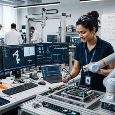 smiling-female-engineer-working-robotic-arm-circuit-board-laboratory-woman-developing-hardware-automation-technology-modern-robotics-research-engineering-concept